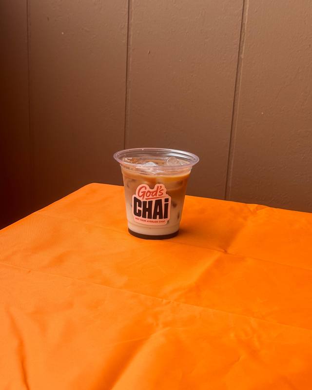Iced Banana Bread Chai with oat milk and house banana bread syrup